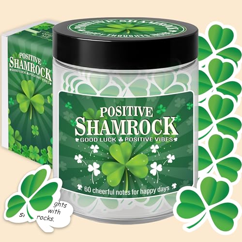 Positive Shamrock Jar, 60 Affirmation Notes, Good Luck Gifts, Irish Gifts | Uplifting Positive Vibes Jar for Home, Office Desk & Daily Encouragement, St Patricks Day Gifts for Women, Friends, Coworkers - color: KAT-Kien- Positive shamrock jar
