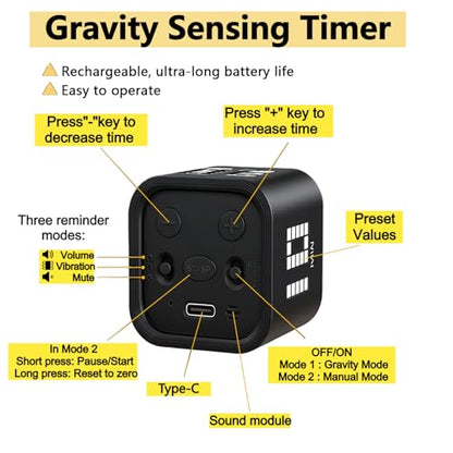 Rotating Digital Cube Timer with Gravity Sensor, 5/10/30/60 Min Preset & Custom Up to 99 Min, USB-C Rechargeable Stopwatch, Vibration Volume Mute Alert for Pomodoro Focus Study Kitchen (Black) - color: Black