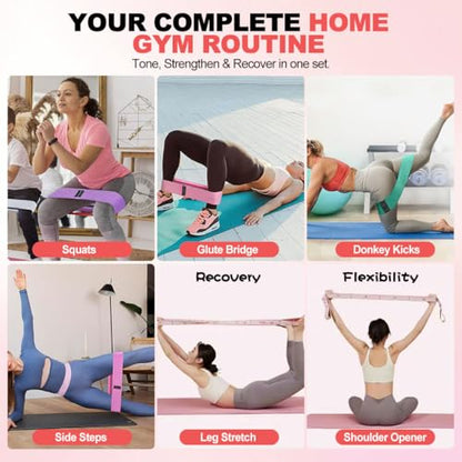 2-in-1 Fabric Resistance Bands Set & 12-Loop Numbered Elastic Stretching Strap - Non-Slip Booty Bands for Glute Workout, Stretchy Yoga Belt for Physical Therapy & Rehab