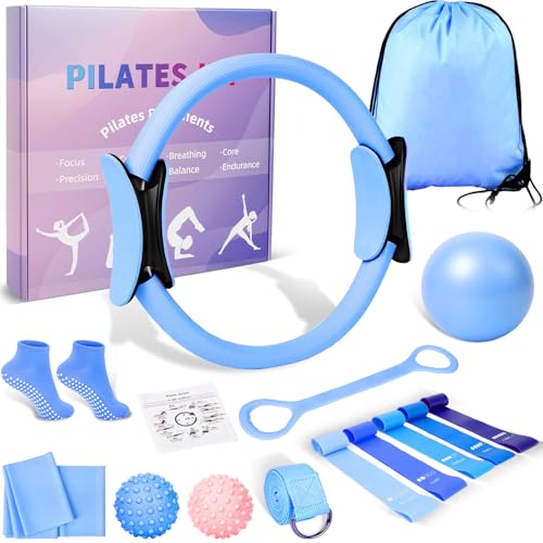 Pilates Ring and Ball Set for Women, Home Workout Pilates Kit, Magic Circle Hoop with 5 Resistance Bands, Pilates Equipment Fitness Essentials Starter Set Accessories - color: Blue