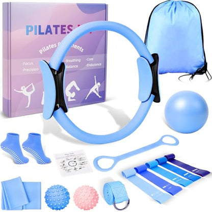 Pilates Ring and Ball Set for Women, Home Workout Pilates Kit, Magic Circle Hoop with 5 Resistance Bands, Pilates Equipment Fitness Essentials Starter Set Accessories - color: Blue