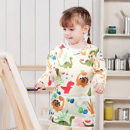 Kids Art Smocks 2 Pack Dinosaur Painting Aprons for Children Waterproof Artist Smock with Long Sleeve and 3 Pockets for Age 3-8 Years - color: Dinosaur-2