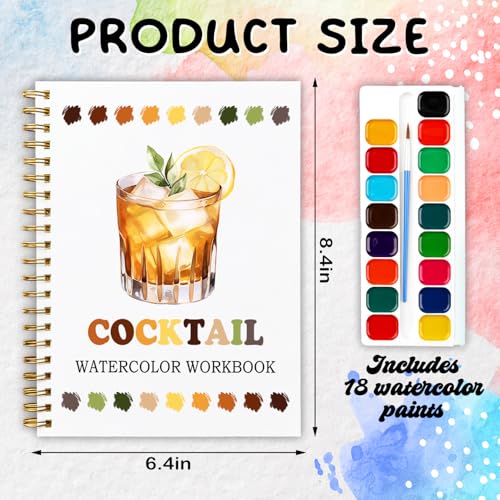 Cocktail Watercolor Workbook, Water Coloring Book, 12 Patterns, Watercolor Kit for Beginners, Relaxing DIY Art Gift for Women and Adults, Happy Hour Themed Watercolor Kit - color: Yellow-Cocktail