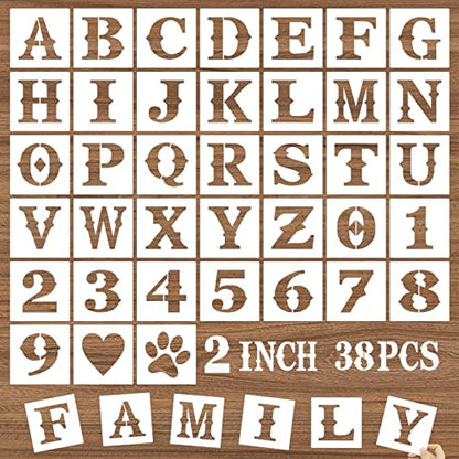 2 Inch Letter Stencils and Numbers, 38 Pcs Alphabet Craft Stencils, Reusable Plastic Drawing Templates for Painting on Wood, Wall, Fabric, Rock, Floor, Signage, Door Porch - size: 2 Inch
