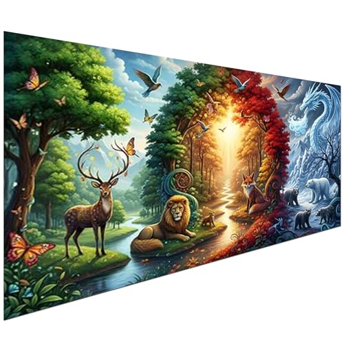 KUFWKEY Four Seasons Landscpae Diamond Art Kits for Adults,Wildlife Diamond Painting Kit,Deer Lion Fox Dragon Nature Scene Diamond Mosiac Kits,Gem Art for Home Decor,Large Size 27.5x15.7 Inch - color: AM801