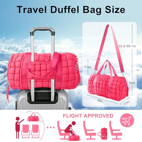 Quilted Travel Duffle Bag Gym Bag for Women,Large Puffer Duffle Weekender Bag with Compartment,Workout Overnight Carry on Organizer Bag Duffle Bag for Airplane Travel(Rosered) - color: Rosered, size: Medium