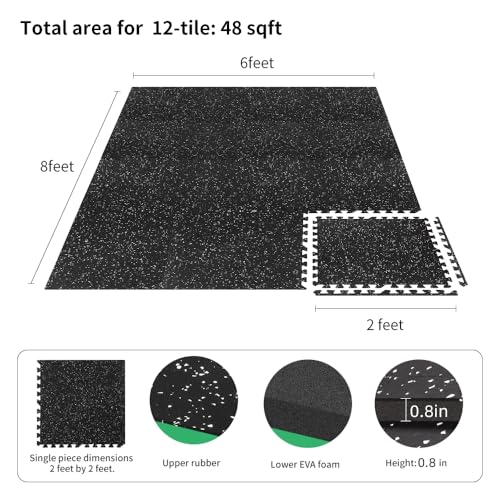 0.8in Thick 48 Sq Ft Gym Flooring for Home Gym, 12 Tiles Workout Exercise Equipment Mats, Rubber Top with EVA Foam, Interlocking Puzzle Floor Tiles for Fitness Room, Protective Flooring Mat - size: 0.8in