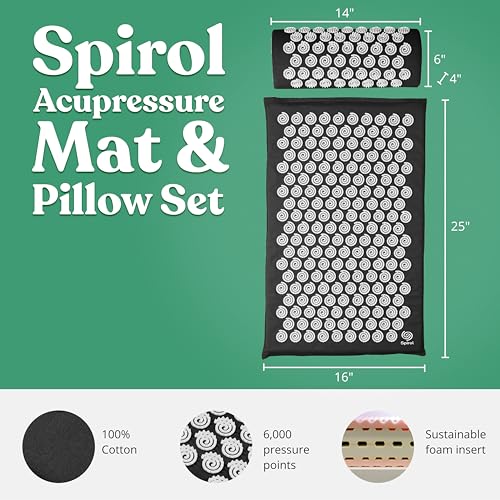 Spirol Acupressure Mat and Pillow Set for Back, Neck and Shoulder Pain Relief, with Flexible Acupressure Spikes, Includes Carry Bag (Onyx) - color: Onyx