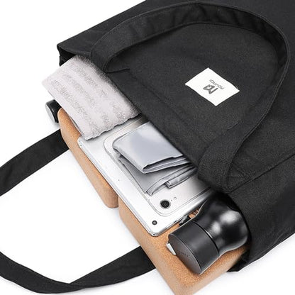 Moyaqi Canvas Tote Bag with Yoga Mat Carrier Pocket Carryall Shoulder Bag for Office, Workout, Pilates, Travel, Beach and Gym - color: Black