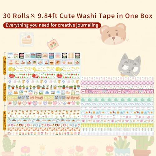 Kwaii Washi Tape 30 Rolls, Decorative Masking Tape for Junk Journal, Scrapbooking Supplies, DIY Crafting Supplies - style: Kwaii