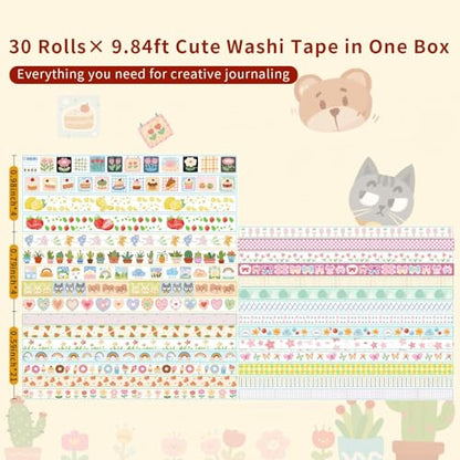 Kwaii Washi Tape 30 Rolls, Decorative Masking Tape for Junk Journal, Scrapbooking Supplies, DIY Crafting Supplies - style: Kwaii