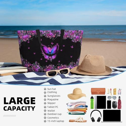Large Beach Bag for Women Waterproof Foldable Travel Shoulder Tote Bag with Pocket for Weekender Pool Vacation - color: Butterfly Purple