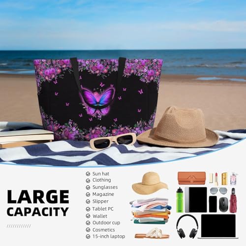 Large Beach Bag for Women Waterproof Foldable Travel Shoulder Tote Bag with Pocket for Weekender Pool Vacation - color: Butterfly Purple