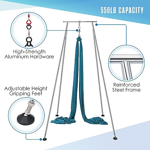 Aerial Rig, Aerial Yoga Stand, 10 FT Frame, 13 YD Fabric, 550 LB Capacity - color: STAND AND SILK / Teal