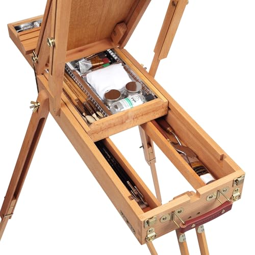 Grand Luxe Half Box French Easel - Premium Oiled Beechwood Painting Kit with Wooden Easel Stand for Painting, Adjustable Height 44-71 Inches, Metal Lined Drawer, Leather Handle, Brass Hardware - size: Half Box