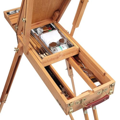 Grand Luxe Half Box French Easel - Premium Oiled Beechwood Painting Kit with Wooden Easel Stand for Painting, Adjustable Height 44-71 Inches, Metal Lined Drawer, Leather Handle, Brass Hardware - size: Half Box