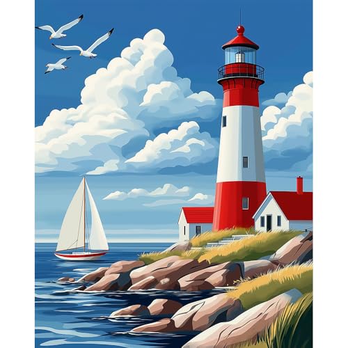 Natuyalo Lighthouse Paint by Numbers Kit for Adults Beginner Seaside Scenery DIY Painting Kits for Adults - Linen Canvas, Acrylic Pigment, 3 Paint Brushes, Waterproof Durable, Frameless, 16x20 Inch - color: PIC-07