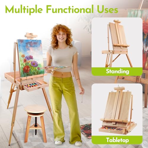 CONDA Large Wooden French Easel and Sketchbox Easel, Adjustable Tripod Easel Stand with Drawer and Palette for Artist, hobbyists, Professionals, Ideal Easel for Painting, Sketching, and Display - color: Gold