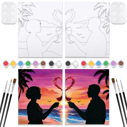 VOCHIC Sip and Paint Kit for Adults Couples Pre Drawn Canvas Painting Kit | Art Party Set for Adults Date Night Sunset Beach 2 Pack (8 x 10 Inches, Wine Glass Couple) - size: 8x10, style: Wine Glass Couple