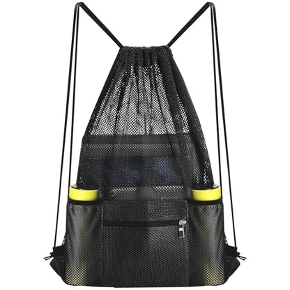 NATURAL STYLE Mesh Drawstring Backpack Bag, Gym Sports Bag with Zipper Pocket Bottle Holder, String Beach Bag for Swiming Travel (Black) - color: Black