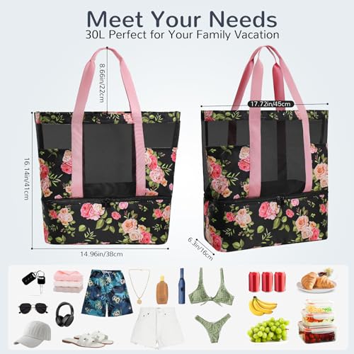 Mesh Tote Beach Bag with Leakproof Wet Compartment - color: Rose