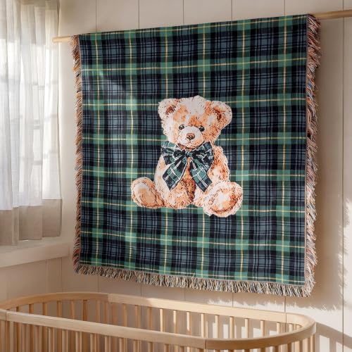 Moukeren 60 x 50 Inch Tartan Plaid Bear Baby Woven Tapestry Throw Blanket Green Blue Scottish Tartan Throw Blanket with for Office Bed Living Room Bedroom Sofa Chair Couch Crib - style: Tartan Plaid Bear Baby