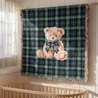 Moukeren 60 x 50 Inch Tartan Plaid Bear Baby Woven Tapestry Throw Blanket Green Blue Scottish Tartan Throw Blanket with for Office Bed Living Room Bedroom Sofa Chair Couch Crib - style: Tartan Plaid Bear Baby
