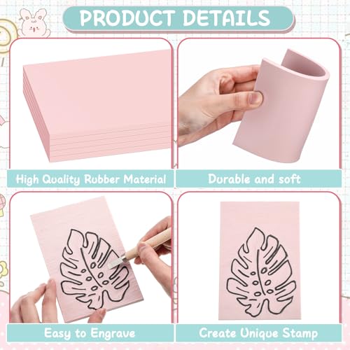 Fuyoooo 25 Pcs 6 x 8 Inch Pink Rubber Linoleum Carving Blocks for Printmaking Linocut Block Stamp Carving Kit Soft Rubber Crafts Block for Printmaking, Stamp Carving, Scrapbooking Supplies
