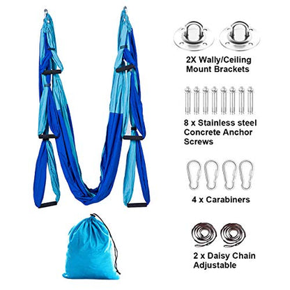 Aerial Trapeze Yoga Hammock Kit - Ultra Strong Antigravity Yoga Flying Sling Inversion Swing Tool Set - color: Mixed Blue