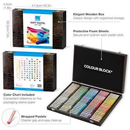 COLOUR BLOCK Soft Pastels for Artists - 100 Colors Square Chalk Pastels Set in Wooden Box - Vibrant Pigments Art Kit for Painting, Drawing, Sketching, Hobbyists. - style: 100 Colors Soft Pastel Set – Wooden Case