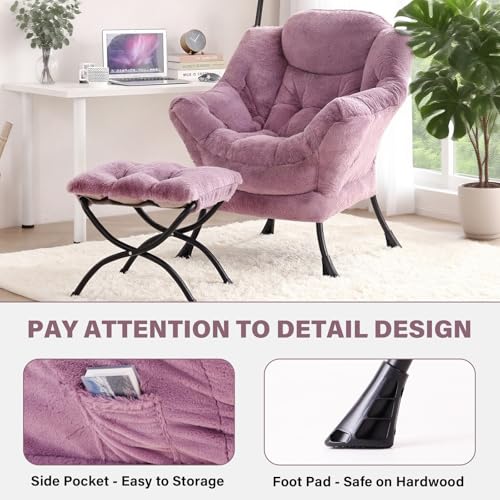 Tiita Lazy Chair with Ottoman, Comfy Reading Accent Chair, Plush Purple - color: Plush-purple
