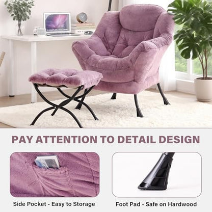 Tiita Lazy Chair with Ottoman, Comfy Reading Accent Chair, Plush Purple - color: Plush-purple