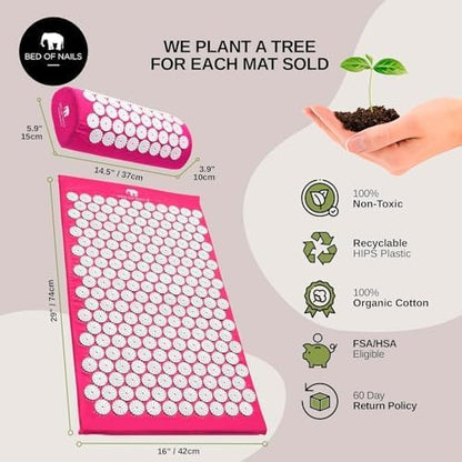 Bed of Nails Mat and Pillow Set – Original Bon Acupressure Design with 10962 Precision Nails, Mat: 28.5 x 16.5 x 1", Pillow: 14.5 x 6 x 4", Pink - color: Pink - Mat & Pillow Set
