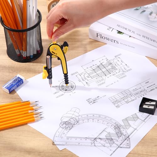EBOOT Student Geometry Math Set, Drawing Compass and 6 Inch Clear Swing Arm Protractors 180 Degree Math Protractor (Yellow) - color: Yellow