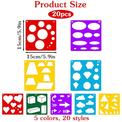 20 Pcs Geometric Stencils, Plastic Shape Drawing Templates Set Simple Tracing Stencil Colorful Reusable Art Craft Stencils for Classroom Drawing DIY Craft DIY Painting