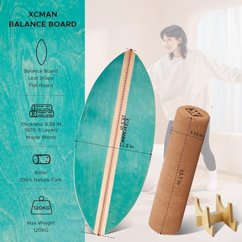 XCMAN Surf Balance Board Trainer with Roller Wooden Exercise Balancing Stability Trainer - Non Slip Surface for Adults Kids|Balance Board for Surfing,Snowboarding,Skateboarding,Hockey,Yoga Training - color: Leaf Green