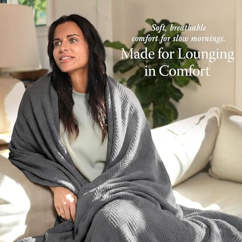 Threadmill Luxury 100% Cotton Queen Herringbone Blanket, Dark Grey - color: Dark Grey, size: Queen (90" x 92")