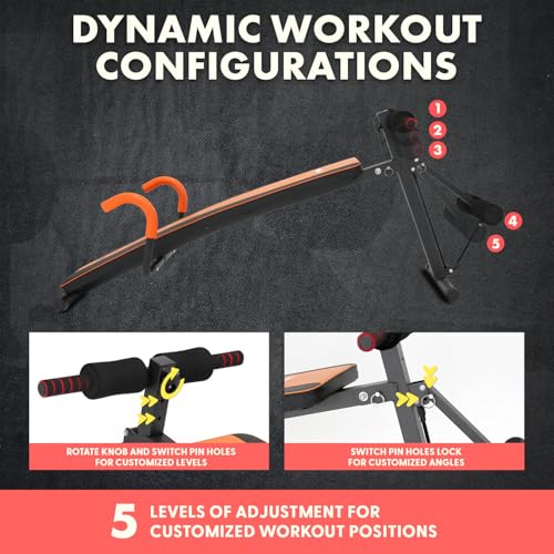 SQUATZ Adjustable Decline Sit-Up Bench for Abs with Handrail, Five Level Abdominal Bench for Core Training, Reverse Crunch Handle, Heavy-Duty Home Gym Sit Up Exercise Equipment for Core Muscles