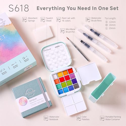 languo Mini Watercolor Paint Set，16 Macaron Colors Portable Travel Kit | All in 1 Art Kit with Sketch Book, Palette and Detail Brush Pens for Beginners, Artists, Sketching and Painting - color: Macaron Colors