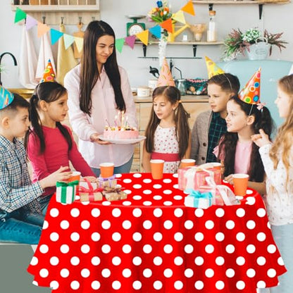 3 Pack Red and White Polka Dots Tablecloth Red Round Table Cover with White Polka Dot Round Plastic Table Cloth 84 in Round for Kitchen Dining Wedding Party