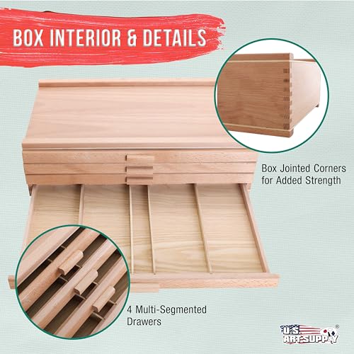 U.S. Art Supply 4-Drawer Artist Tool Supply Box with 5 Compartments per Drawer - Hardwood Art Box for Artist Supplies, Brushes, Pencils, Erasers, Tool Storage Organizer Case