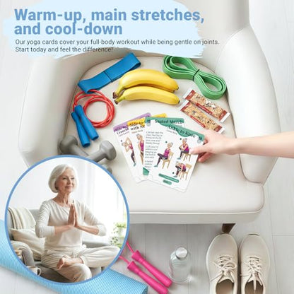 Gentle Chair Yoga Program for Seniors Includes 50 Large Print Exercise Cards that Gently Target Back Relaxation, Core Strength, and Leg Stability.
