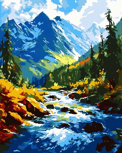 Yunnuo Paint by Numbers Kit for Adults, Mountain River Landscape, DIY Acrylic Painting, 16 x 20 in, with 3 Paintbrushes, Wall Art Decor - color: B-003-Forest