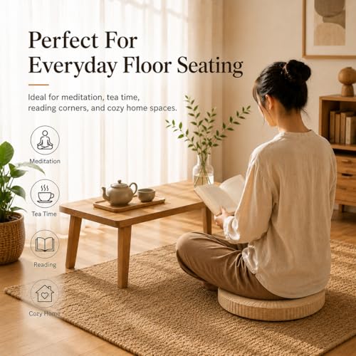 Round Tatami Floor Pillow, Handwoven Straw Cushion, Dia: 15.7" | Natural, Eco-friendly, Lightweight, Anti-Slip, Breathable, for Apartment Living Room Meditation Patio Outdoor Window Seat - size: 15.7''