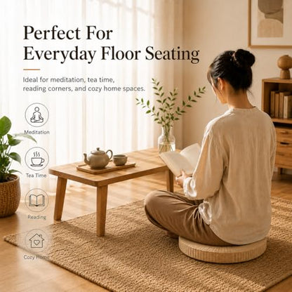 Round Tatami Floor Pillow, Handwoven Straw Cushion, Dia: 15.7" | Natural, Eco-friendly, Lightweight, Anti-Slip, Breathable, for Apartment Living Room Meditation Patio Outdoor Window Seat - size: 15.7''