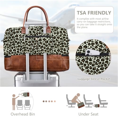 Large Women Travel Weekender Bag: Carry on Duffle with Shoe Compartment | Overnight Duffel Bags with Wet Pocket, Crossbody & Toiletry Bag, 3PCS Womens Traveling Tote Set for Hospital Gym Weekend Trip - color: Brown Leopard Print