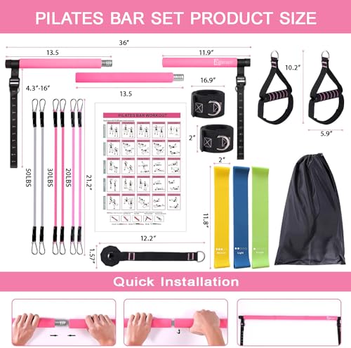 Bbtops Pilates Bar Kit with Resistance Bands,Pilates Bar with Stackable Bands Workout Equipment for Legs,Hip,Waist and Arm,Exercise Fitness Equipment for Women & Men Home Gym Yoga Pilates - color: Baby Pink
