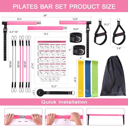Bbtops Pilates Bar Kit with Resistance Bands,Pilates Bar with Stackable Bands Workout Equipment for Legs,Hip,Waist and Arm,Exercise Fitness Equipment for Women & Men Home Gym Yoga Pilates - color: Baby Pink