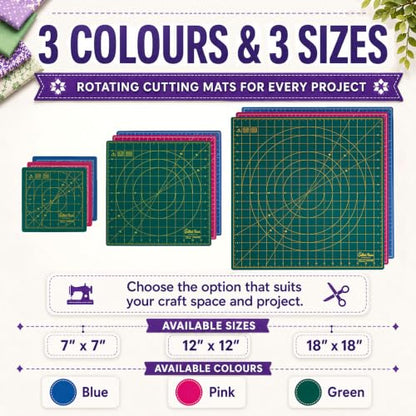 The Quilted Bear 7" x 7" Rotating Self-Healing Cutting Mat, Green | Square Mat, 360° Rotation, Locking Mechanism, 5-Layer Surface, Non-Slip Base, Clear Inch Grid & Angle Guides for Quilting - color: Green, size: 7"L x 7"W