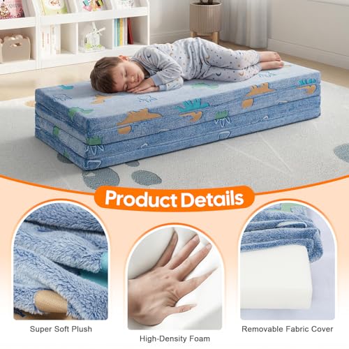 MeMoreCool Kids Floor Mattress, 48x72 Inch Foldable Play Mat, Dinosaur - color: Denim Dinosaur